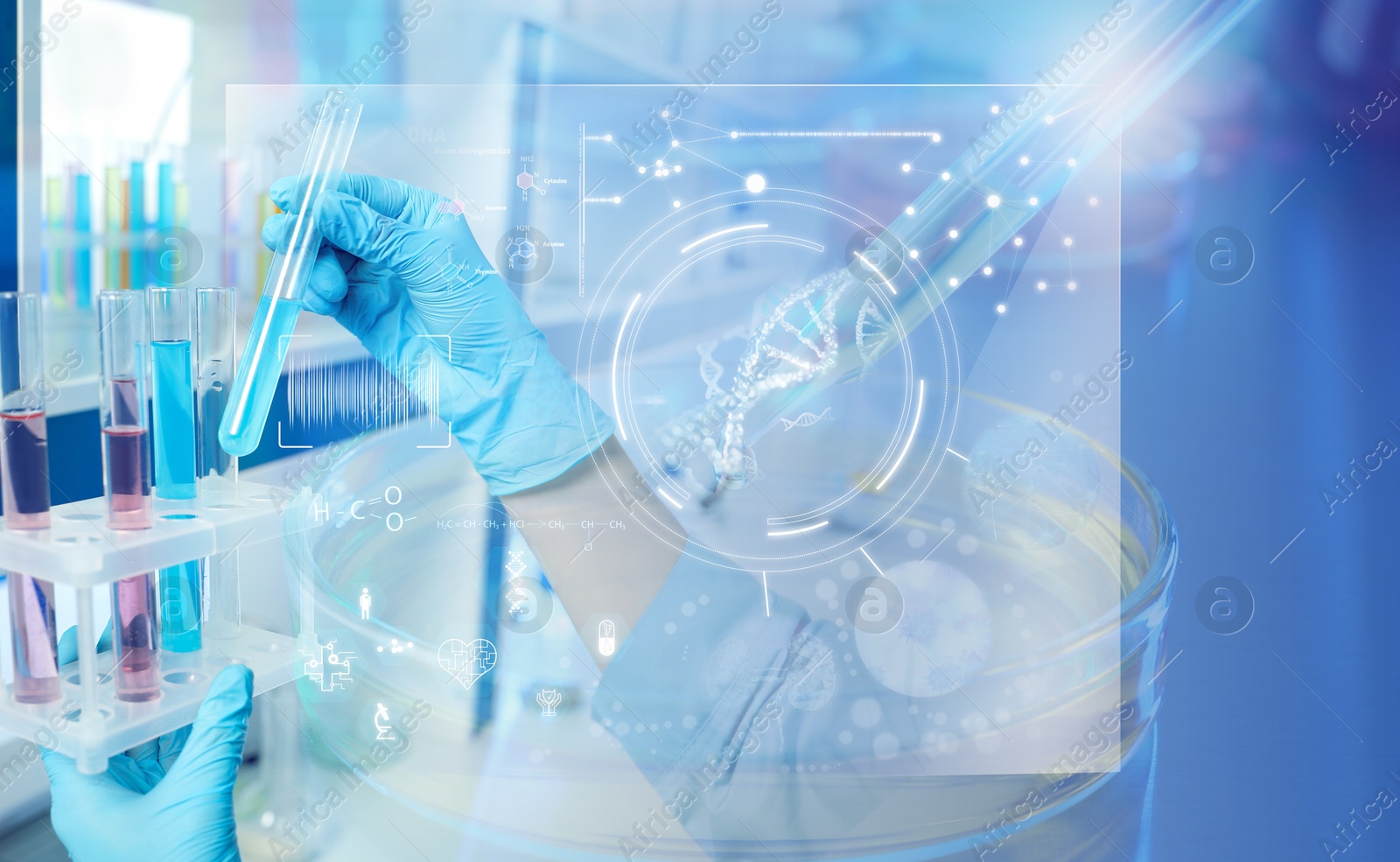 Image of Biochemistry. Scientists working in laboratory, double exposure with data and Petri dish