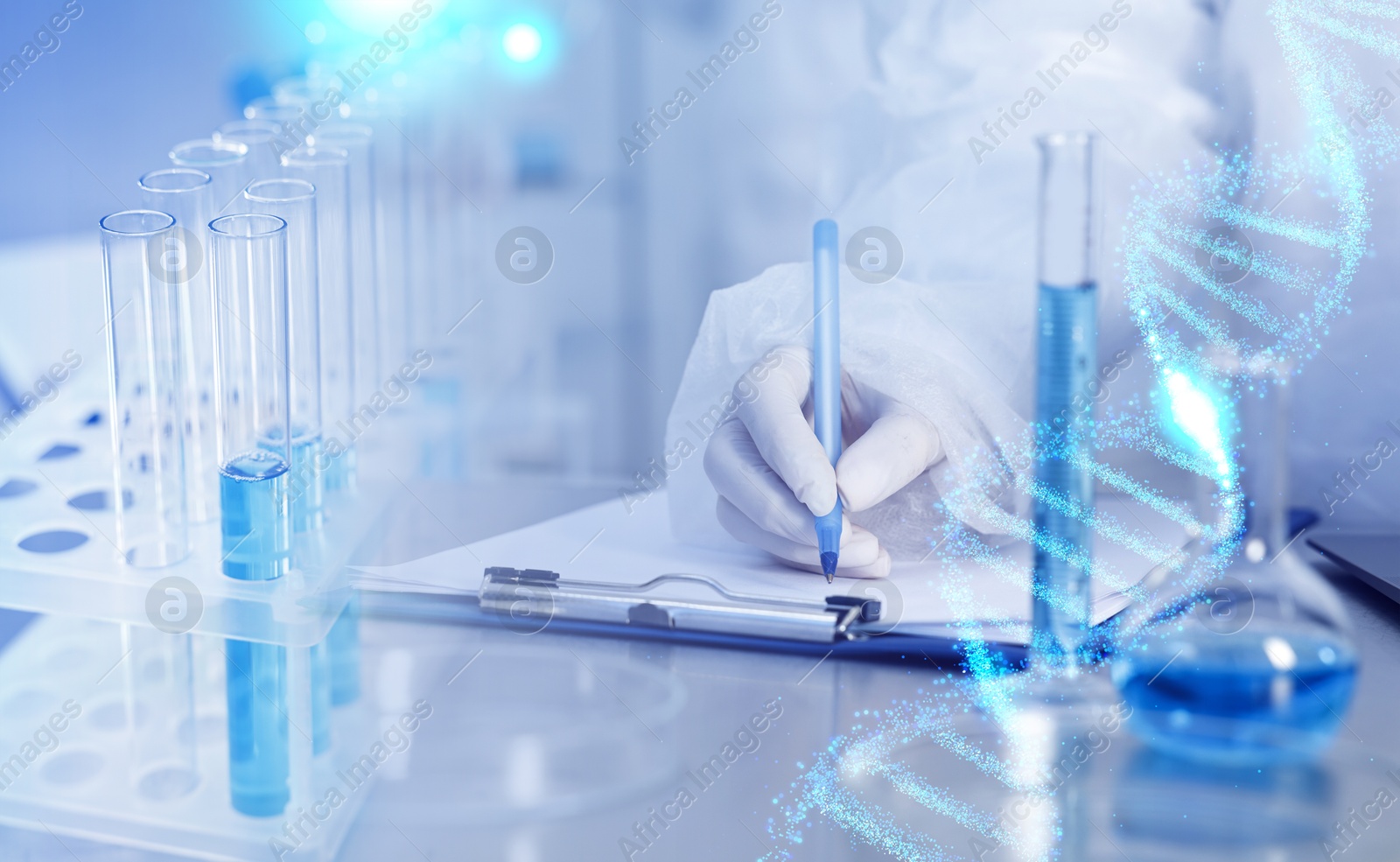 Image of Biochemistry. Scientist working in laboratory, double exposure with test tubes and DNA structure