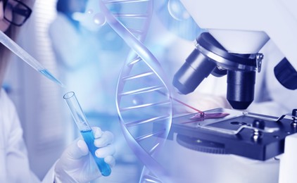 Image of Biochemistry. Scientist working in laboratory, double exposure with microscope and DNA structure