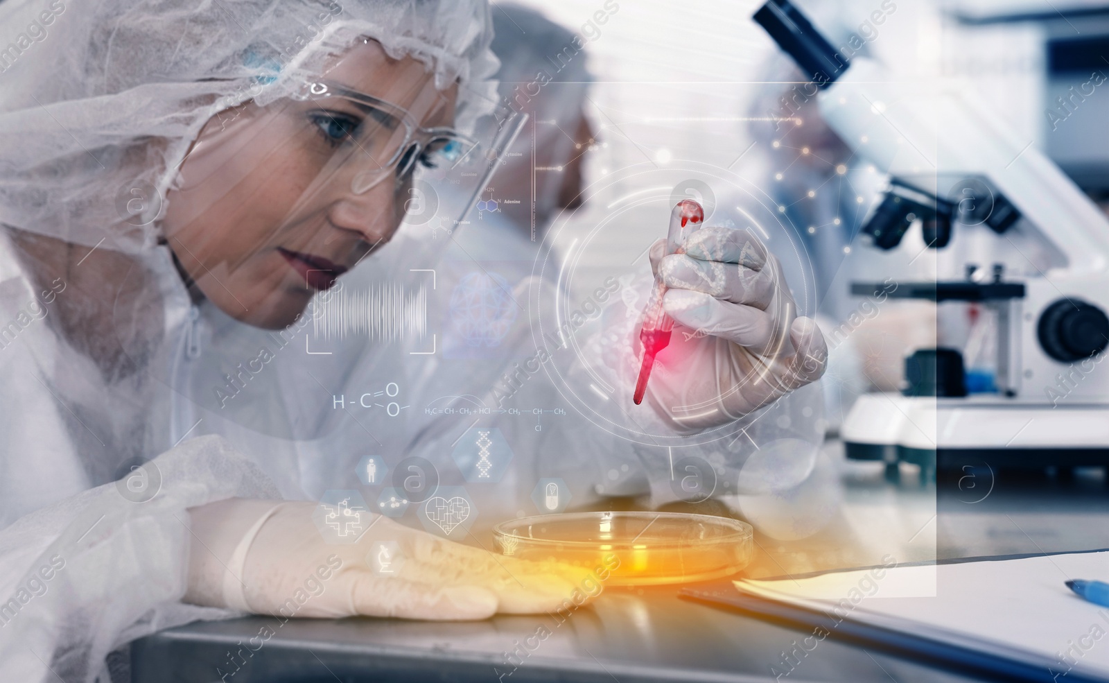 Image of Biochemistry. Scientists working in laboratory, double exposure with data