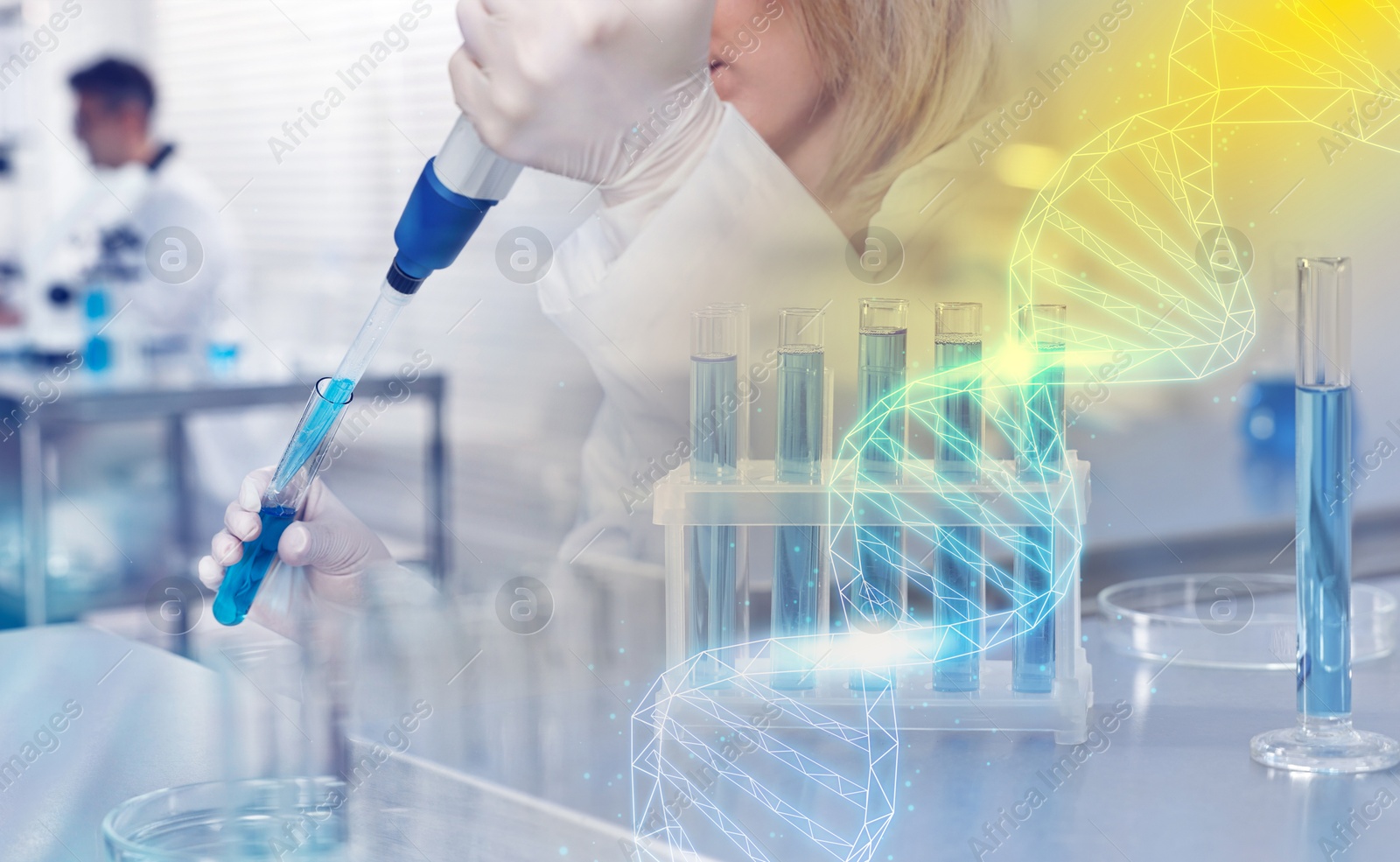 Image of Biochemistry. Scientists working in laboratory, double exposure with test tubes and DNA structure