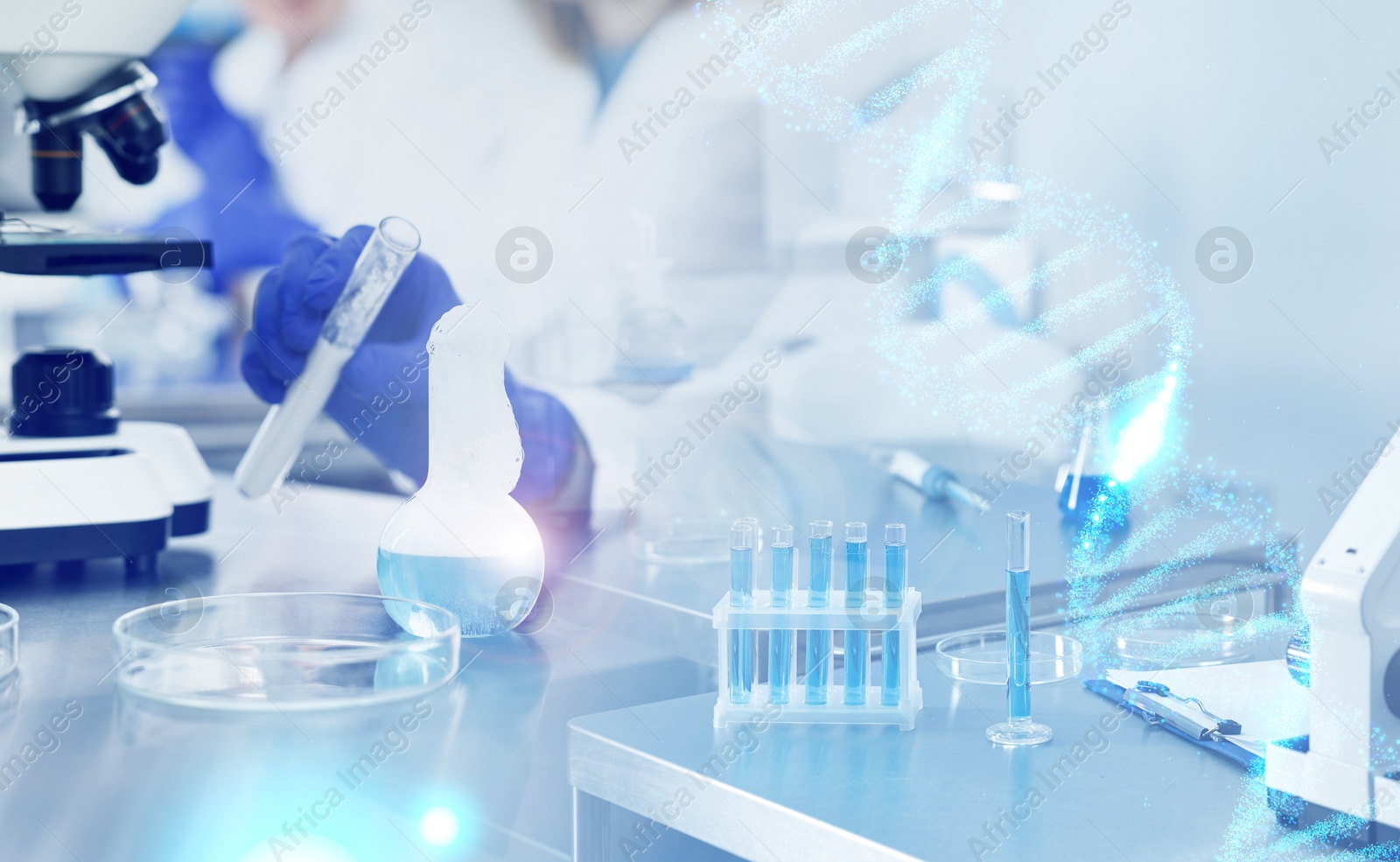 Image of Biochemistry. Scientists working in laboratory, double exposure with DNA structure