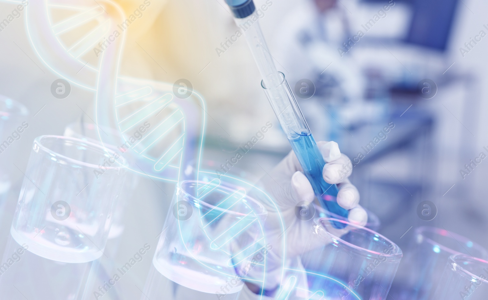 Image of Biochemistry. Scientist working in laboratory, double exposure with test tubes and DNA structure