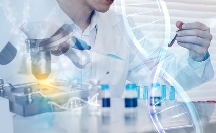 Image of Biochemistry. Scientist working in laboratory, double exposure with microscope and DNA structure