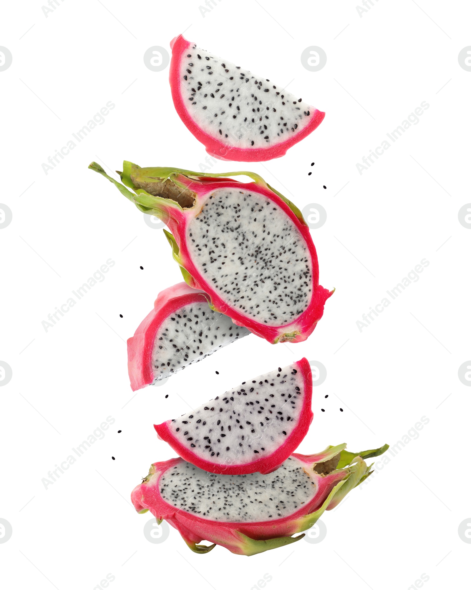 Image of Yummy pitaya fruits falling on white background