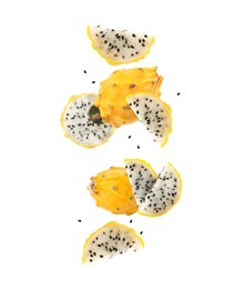 Image of Tasty yellow pitahaya fruits falling on white background