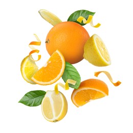 Image of Lemon, orange, zest and green leaves in air on white background