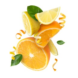 Image of Lemon, orange, zest and green leaves in air on white background