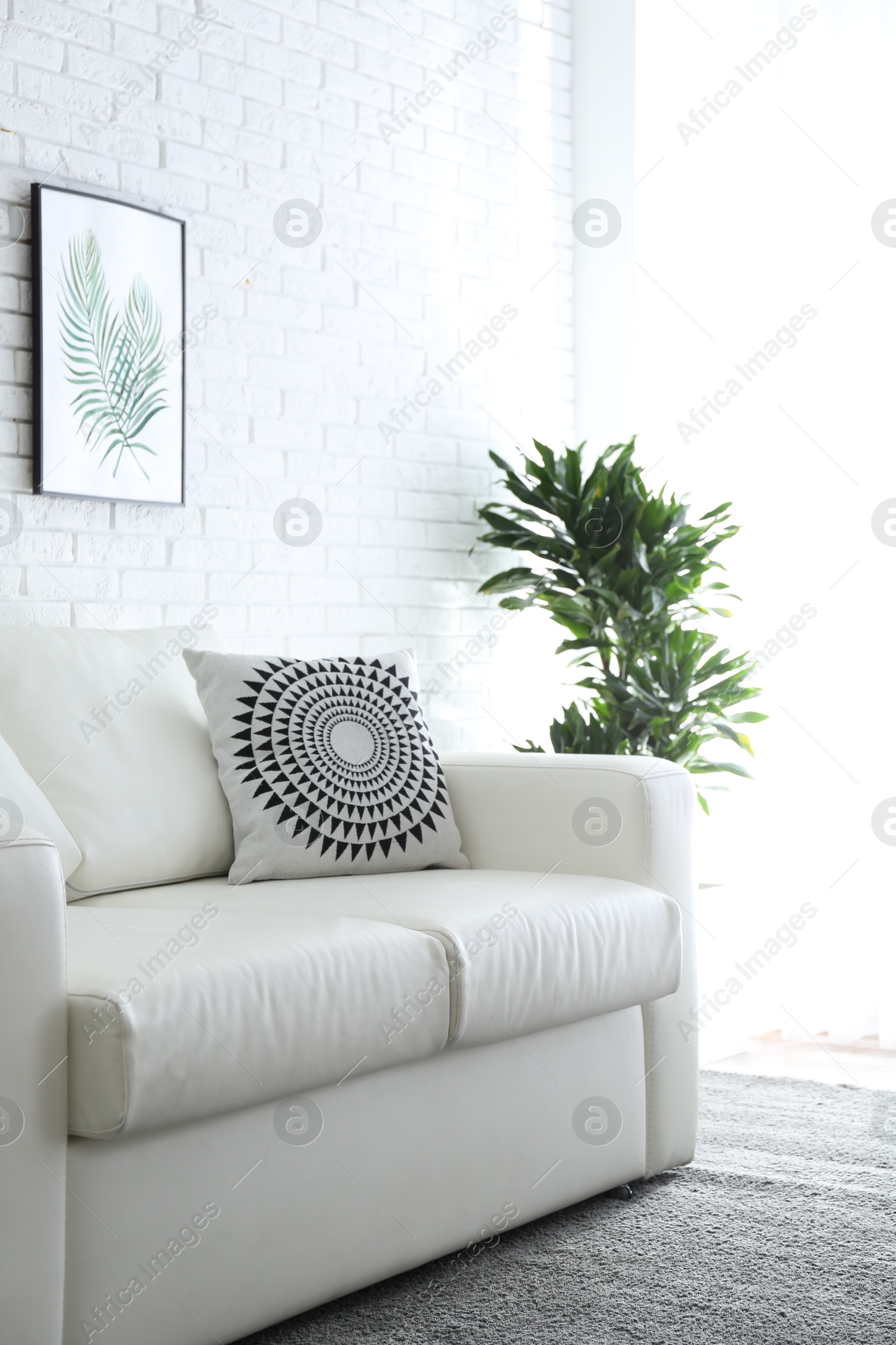 Comfortable white sofa in modern room. Interior design Photo of Comfortable white sofa in modern room. Interior design