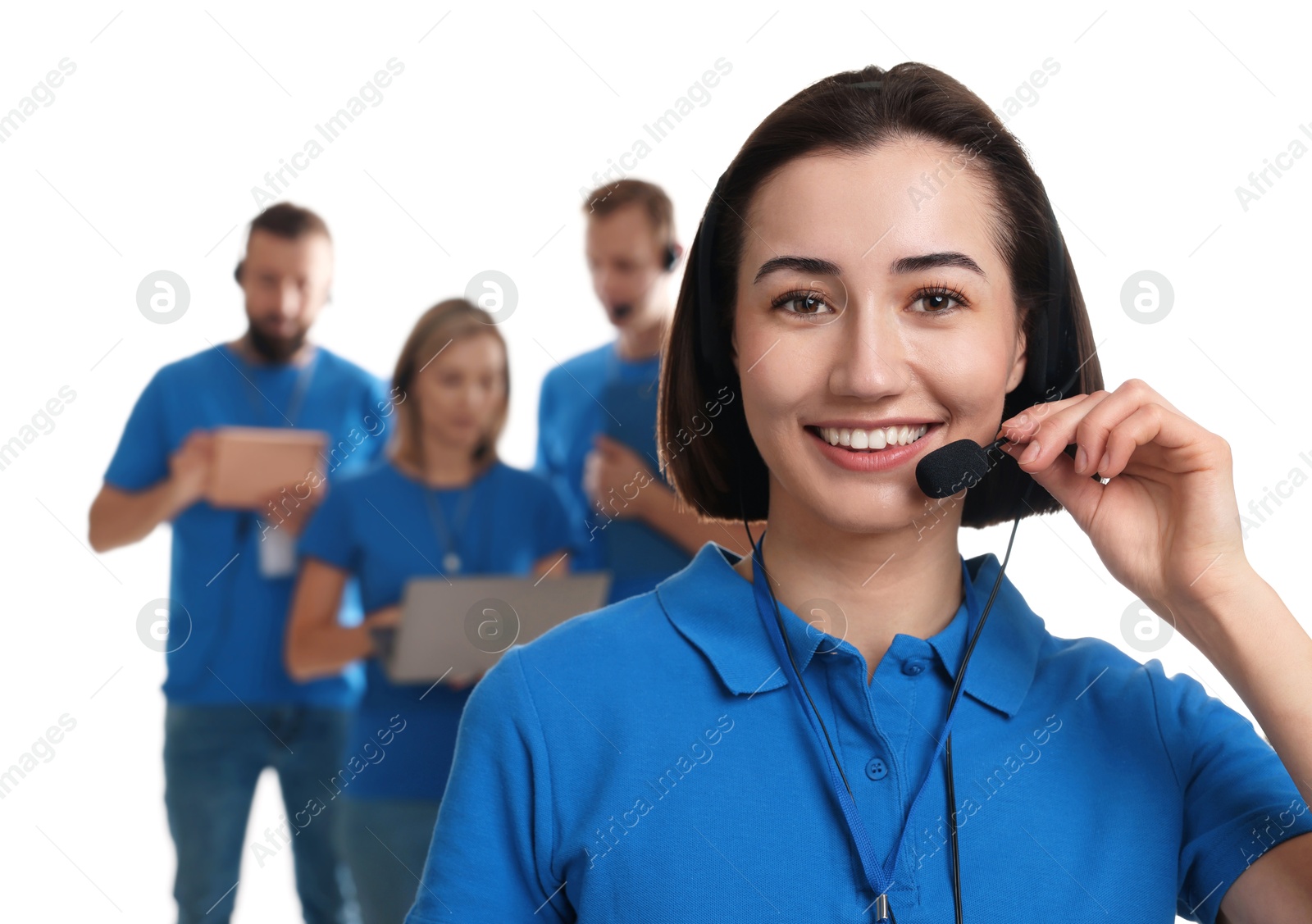 Photo of Technical support call center. Team of friendly operators on white background