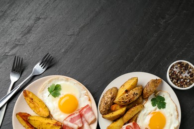 Photo of Flat lay composition with tasty brunch served on dark textured table. Space for text