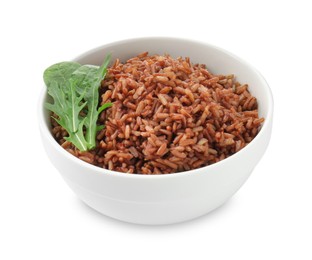 Photo of Tasty brown rice and arugula in bowl isolated on white