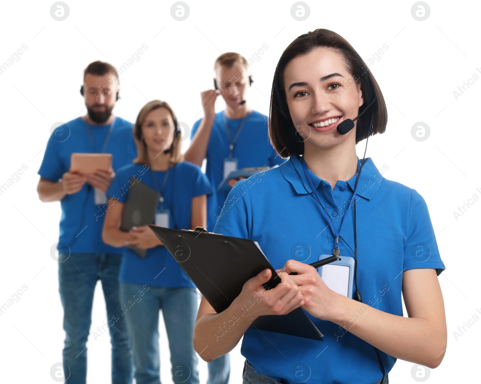 Photo of Technical support call center. Team of friendly operators on white background