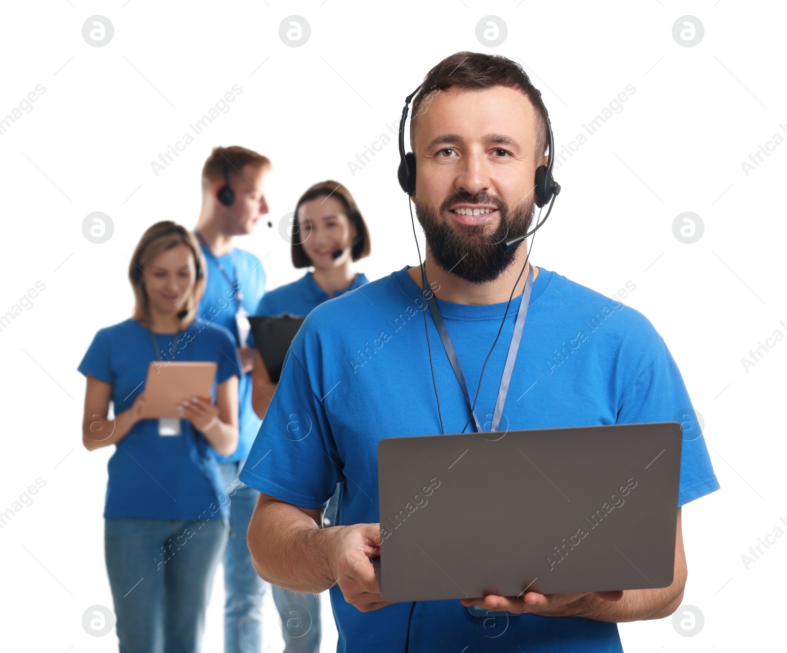 Photo of Technical support call center. Team of friendly operators on white background