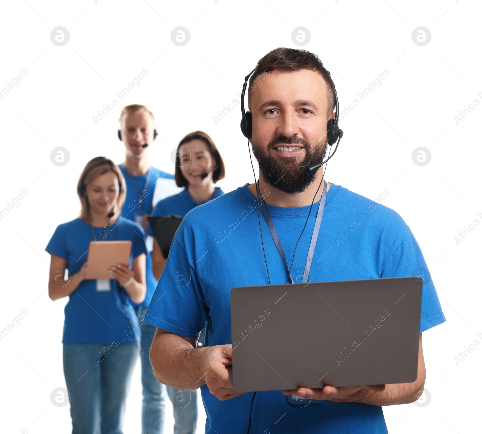 Photo of Technical support call center. Team of friendly operators on white background