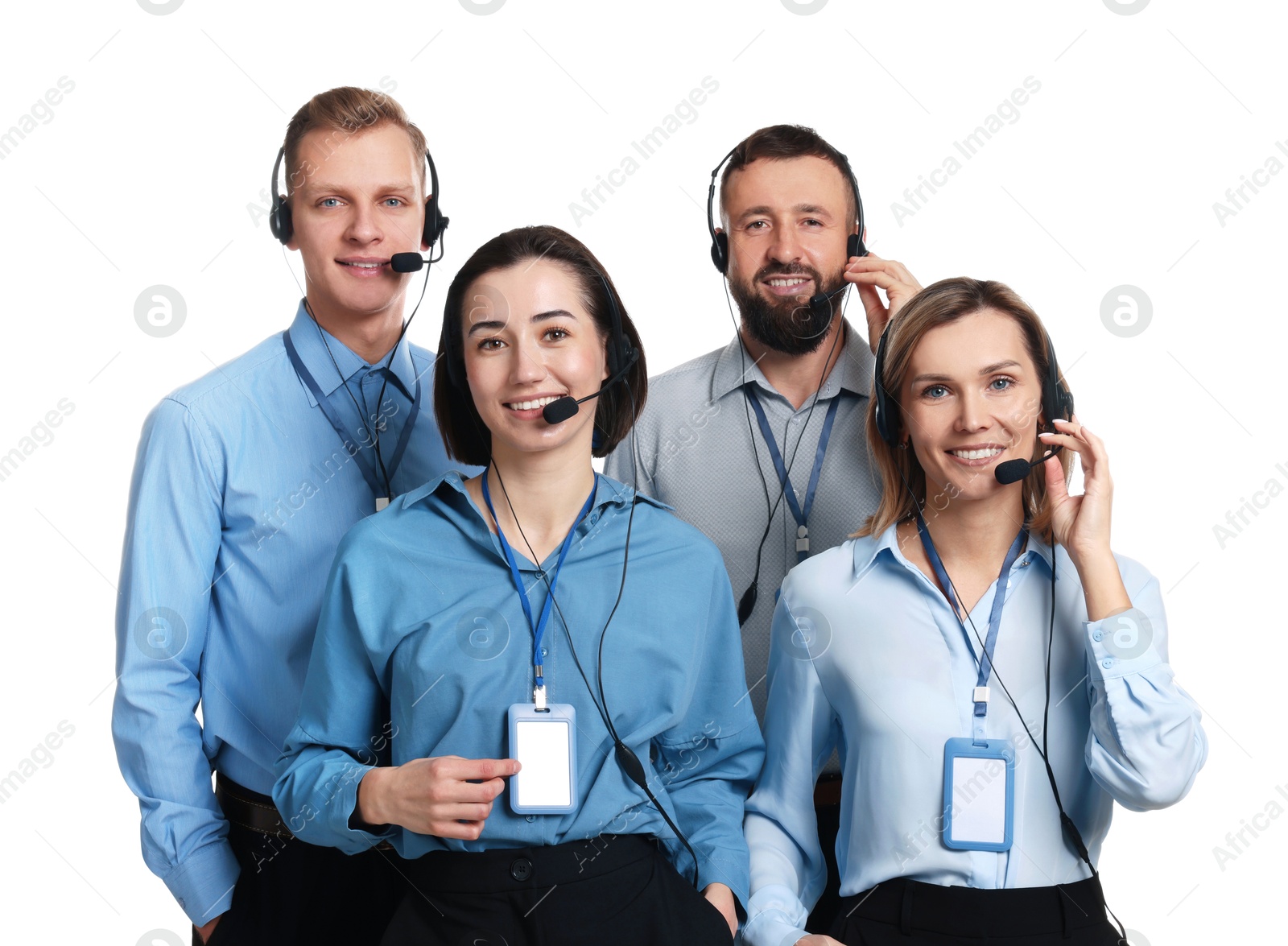 Photo of Technical support call center. Team of friendly operators on white background