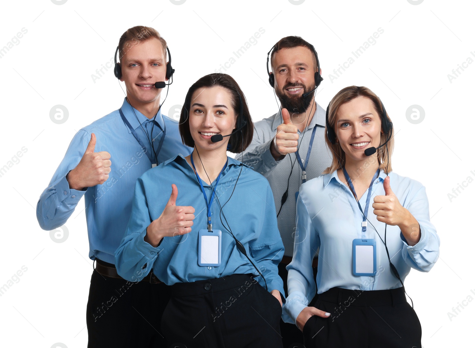 Photo of Technical support call center. Team of friendly operators showing thumbs up on white background