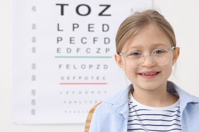 Photo of Little girl trying glasses against vision test chart