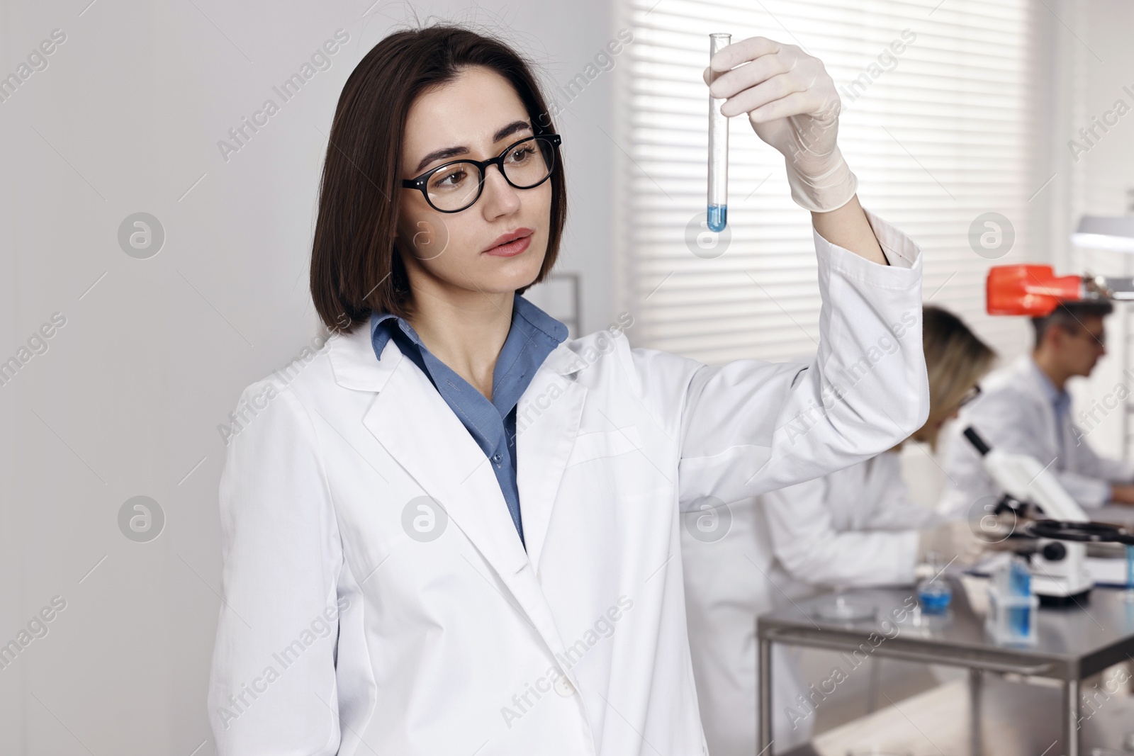 Photo of Scientist with test tube working in laboratory