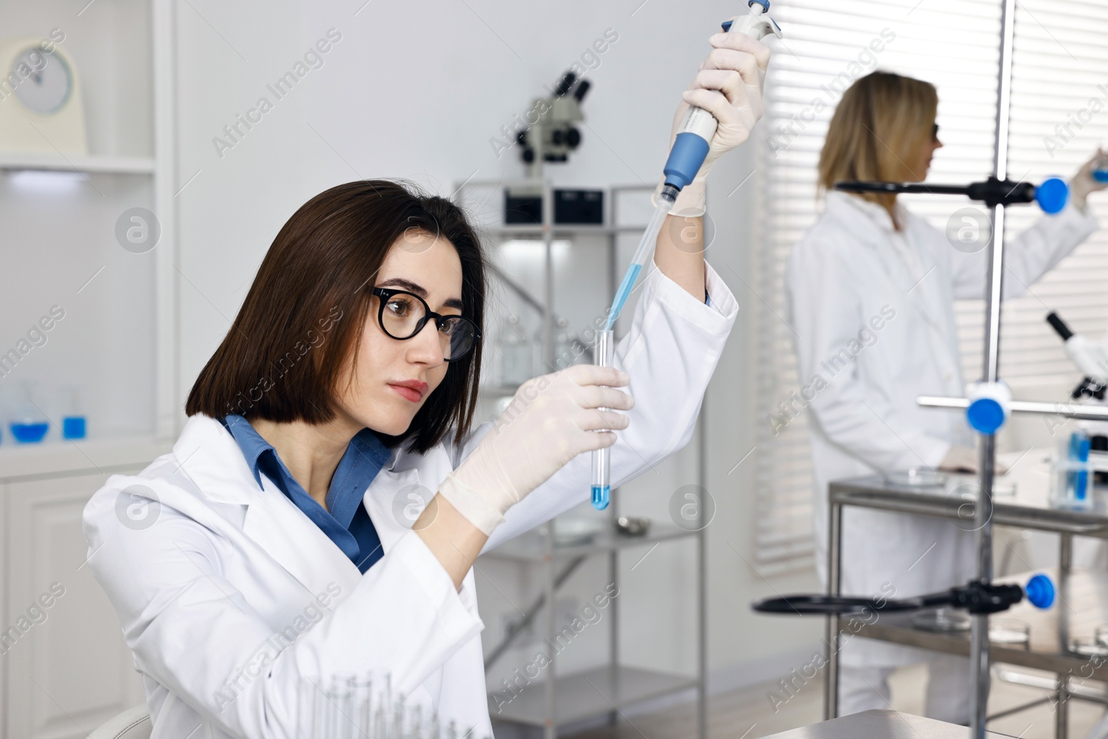 Photo of Scientist with micropipette and test tube working in laboratory