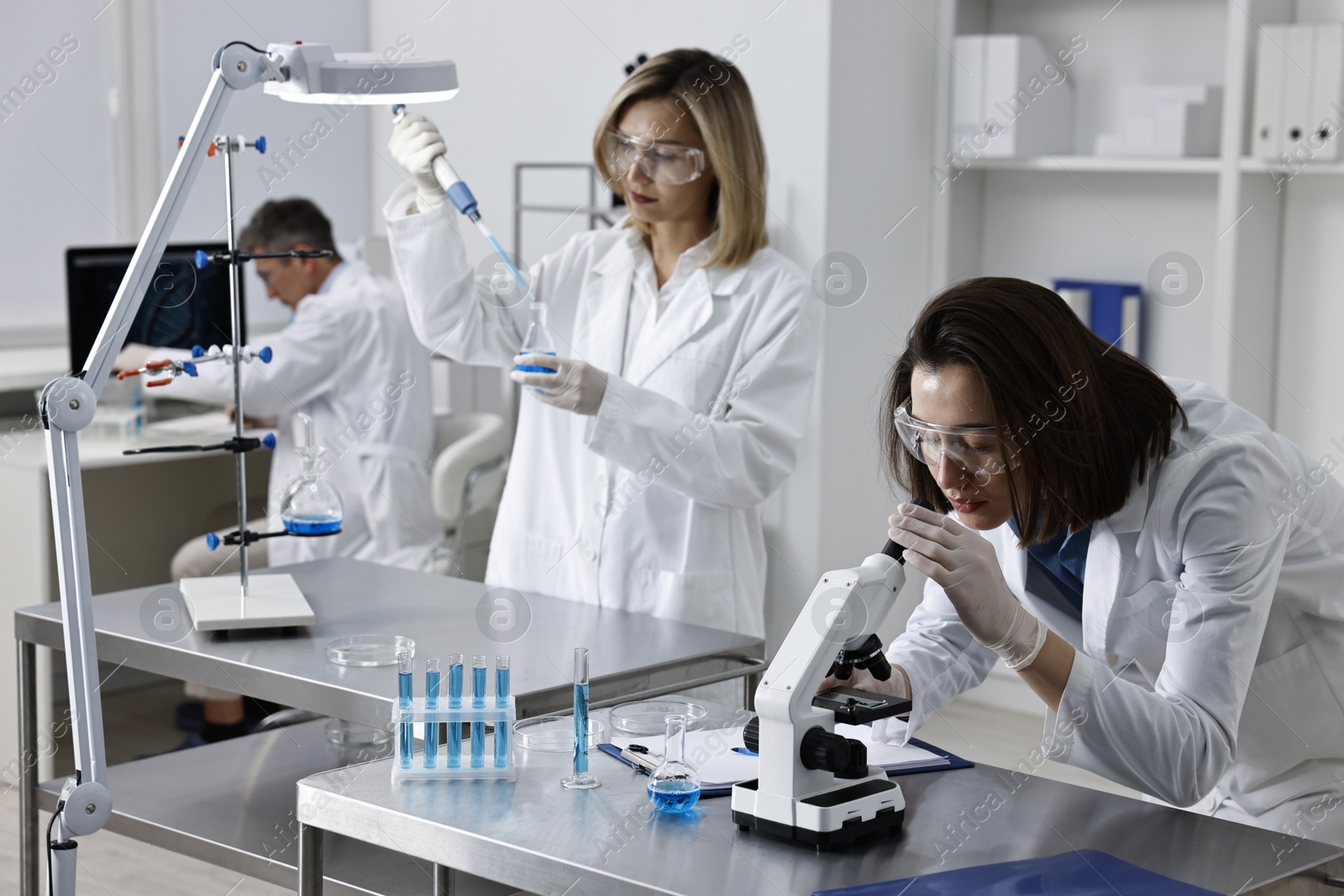 Photo of Scientists working with samples at table in laboratory