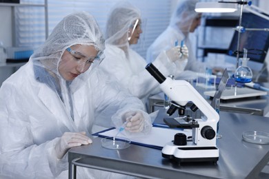 Photo of Scientist dripping sample into Petri dish at table in laboratory