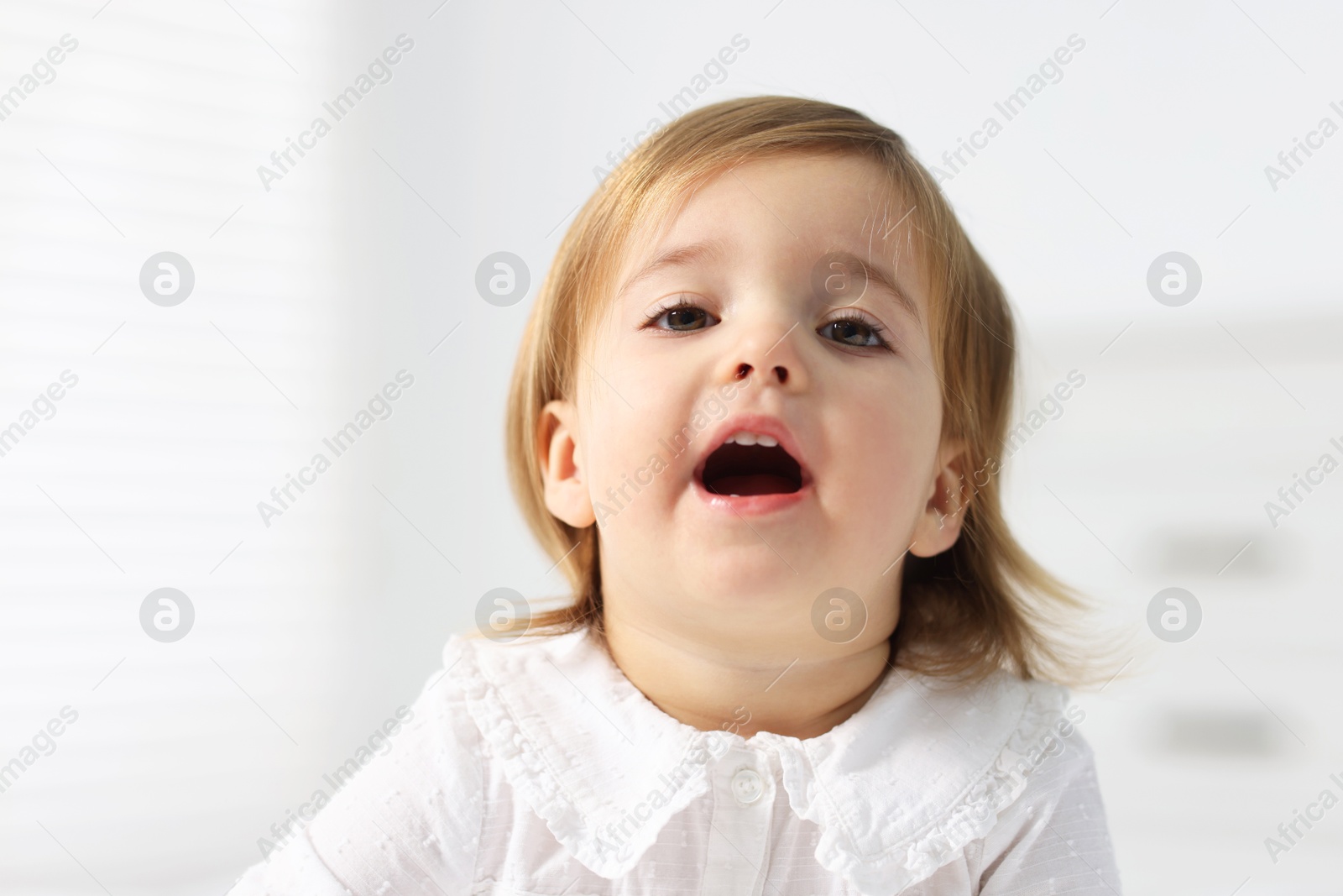 Photo of Portrait of cute little baby girl on light background