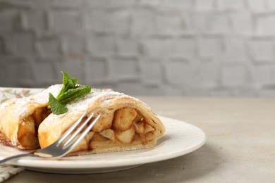 Pieces of tasty apple strudel with powdered sugar and mint on grey textured table, closeup. Space for text