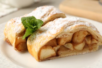 Pieces of tasty apple strudel with powdered sugar and mint on table, closeup