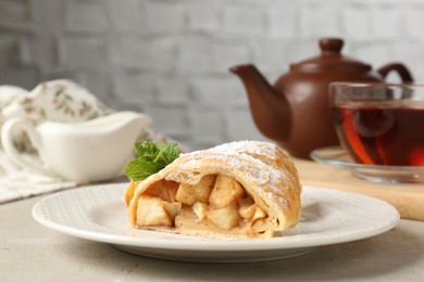 Pieces of tasty apple strudel with powdered sugar and mint on grey textured table, closeup