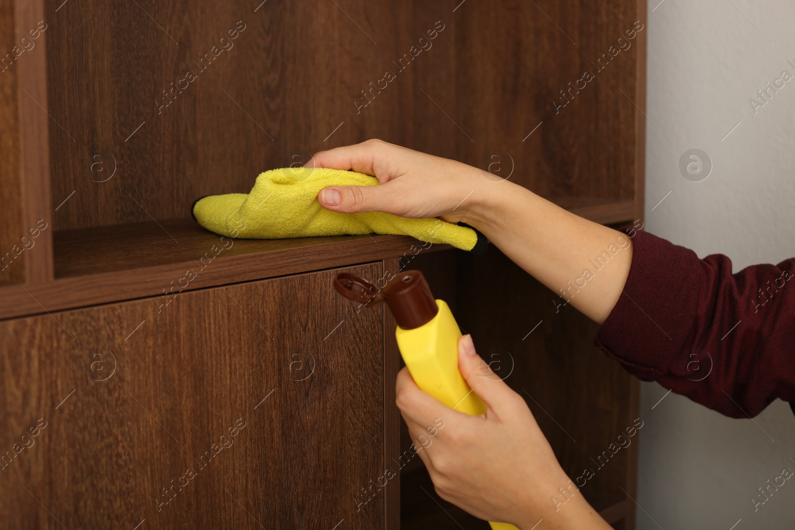 Photo of Woman polishing wooden shelf at home, closeup