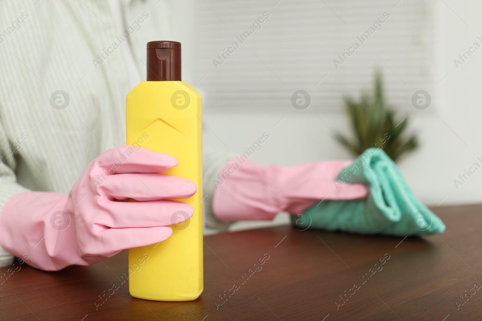 Photo of Woman polishing wooden table at home, closeup