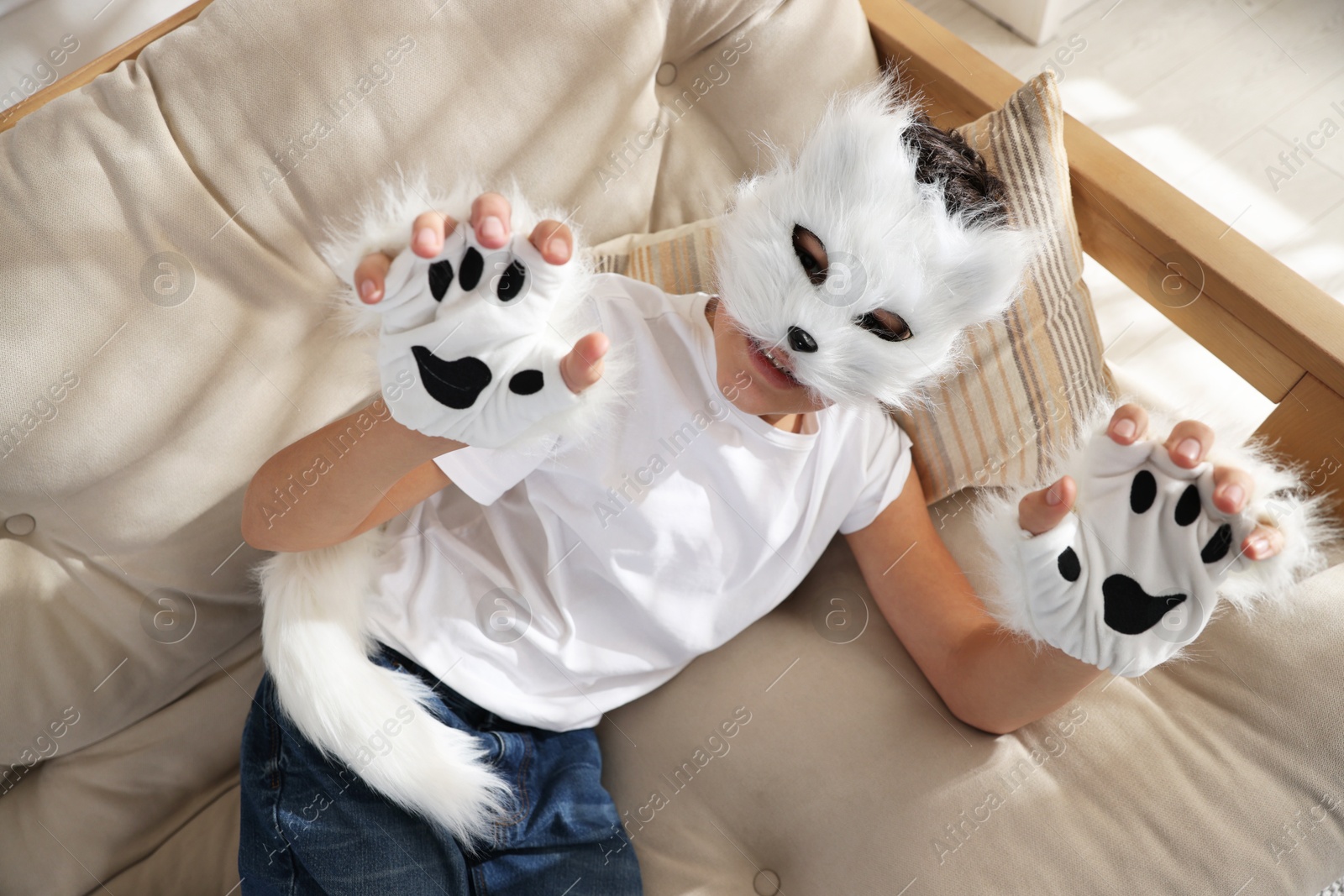 Photo of Quadrobics. Boy wearing cat mask, gloves and tail on sofa at home, above view