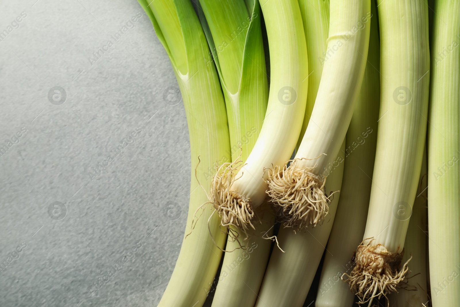 Photo of Fresh green leeks on light grey table, above view. Space for text