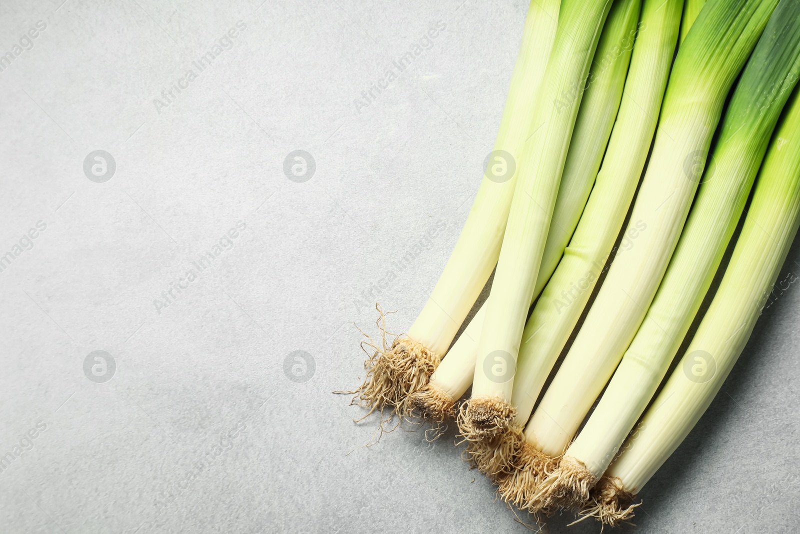 Photo of Fresh green leeks on light grey table, top view. Space for text