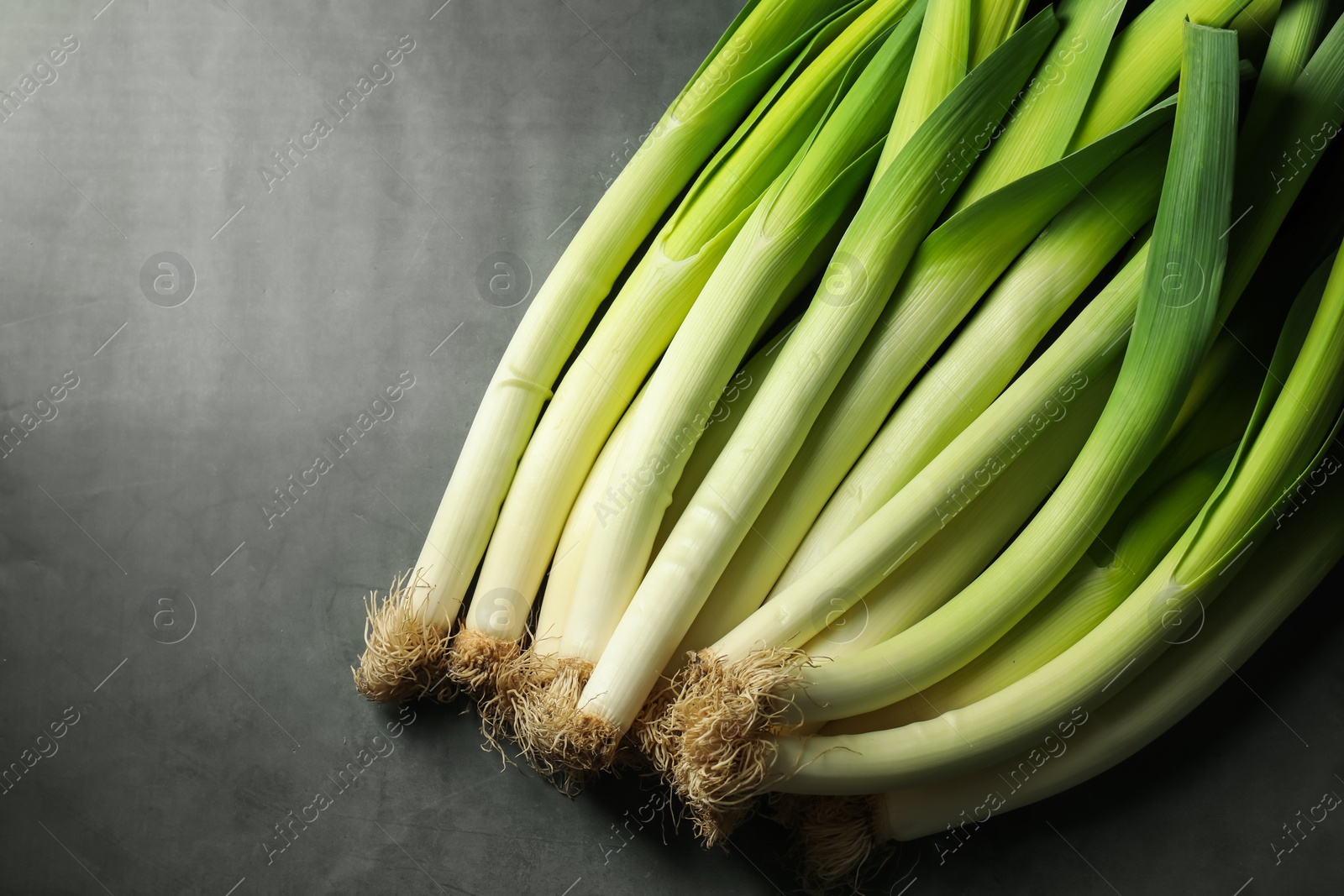 Photo of Fresh green leeks on grey table, top view. Space for text