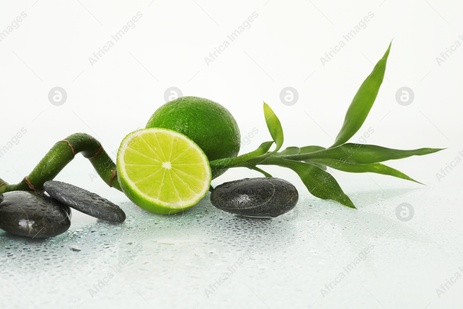 Spa composition with limes, massage stones and bamboo stem on wet surface against white background Photo of Spa composition with limes, massage stones and bamboo stem on wet surface against white background