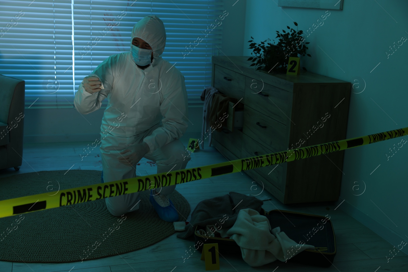 Photo of Forensic expert working at crime scene indoors