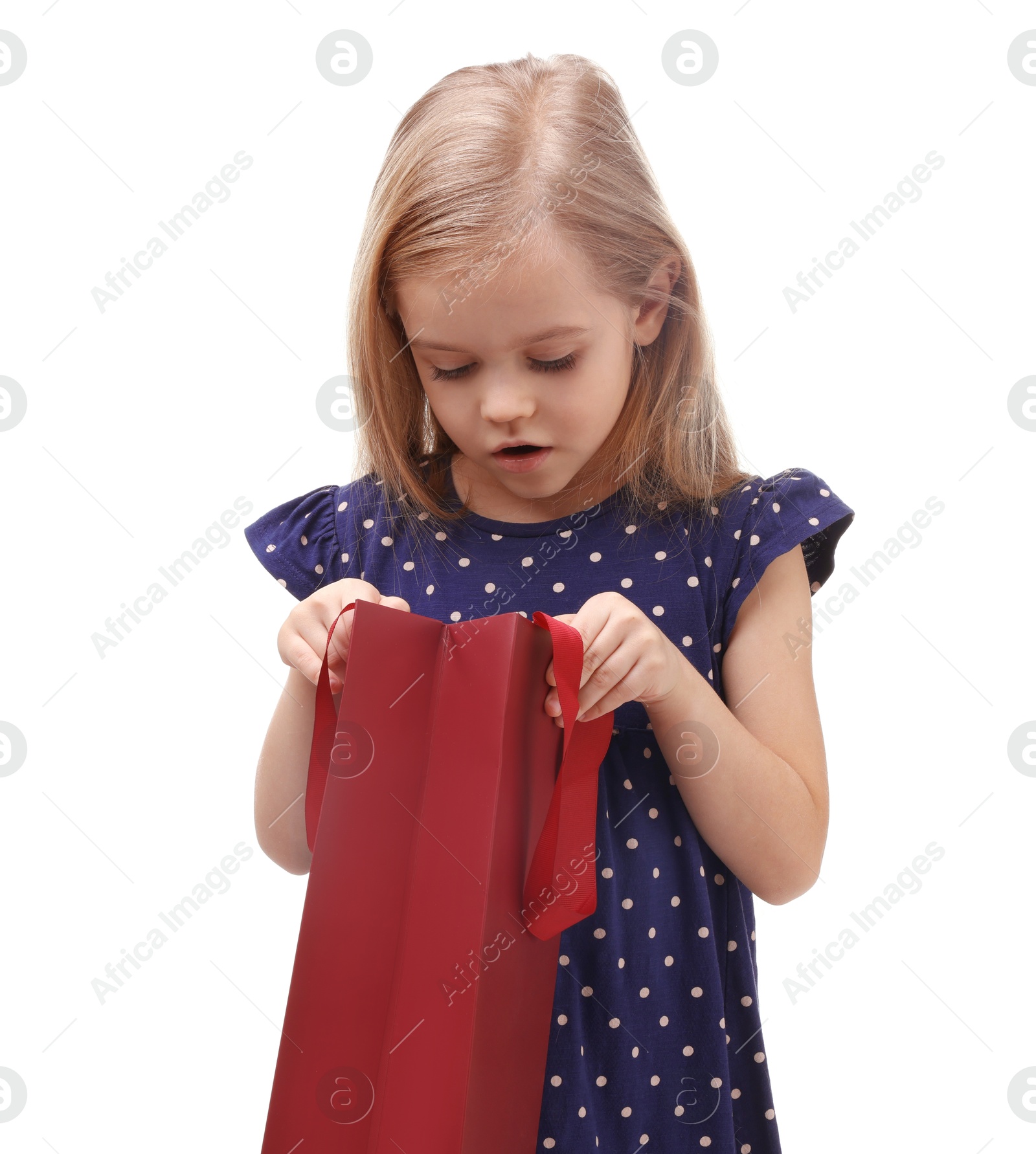 Photo of Little girl with shopping bag on white background