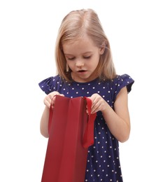 Photo of Little girl with shopping bag on white background