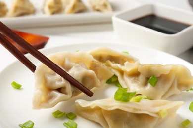 Photo of Eating tasty gyoza dumplings at table, closeup