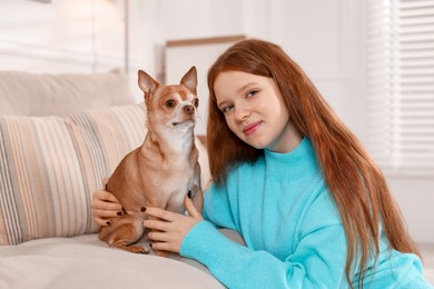 Photo of Teenage girl with her cute Chihuahua dog on sofa at home