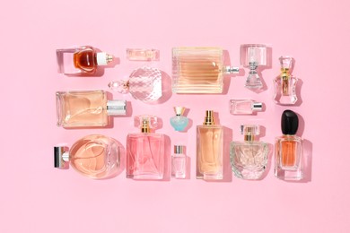 Photo of Bottles of various perfumes on pink background, flat lay