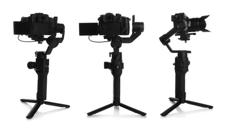 Image of Modern camera with tripod on white background, set. Professional photographer's equipment