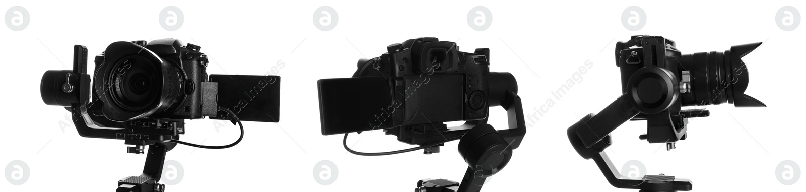 Image of Modern camera with stabilizer on white background, set. Professional photographer's equipment