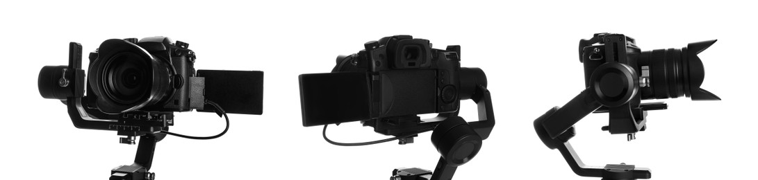 Image of Modern camera with stabilizer on white background, set. Professional photographer's equipment