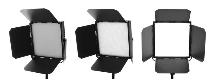 Image of Professional lightening equipment on white background, set