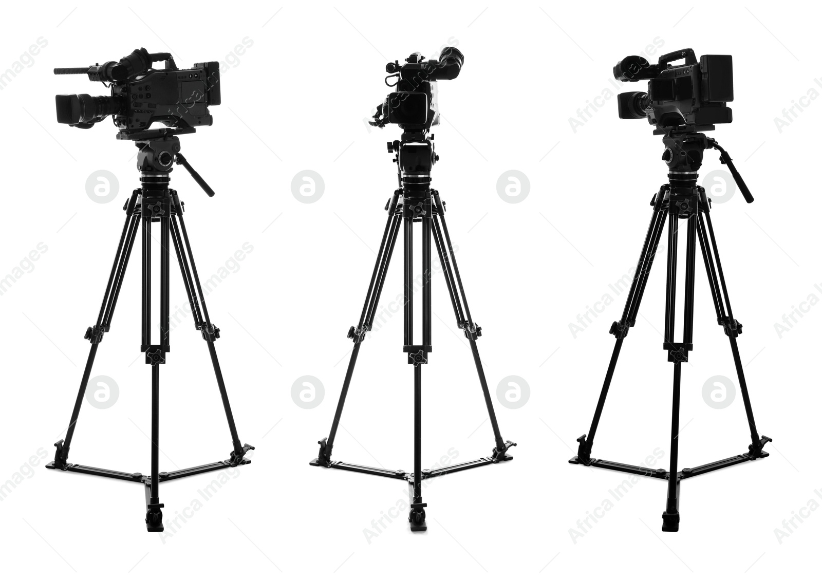 Image of Modern video camera with tripod on white background, set. Professional photographer's equipment