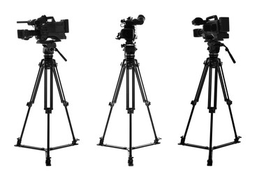 Image of Modern video camera with tripod on white background, set. Professional photographer's equipment