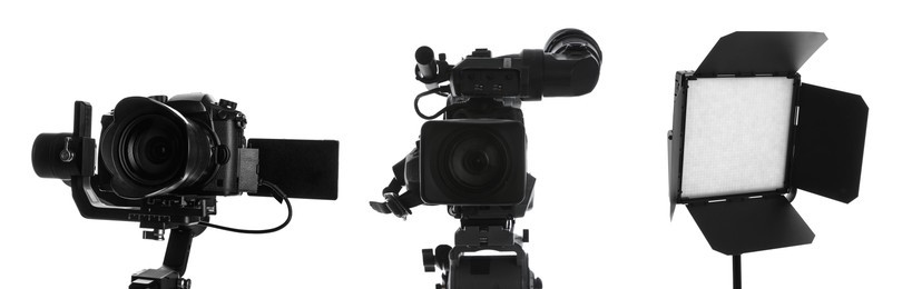 Image of Different professional photographer's equipment on white background, set